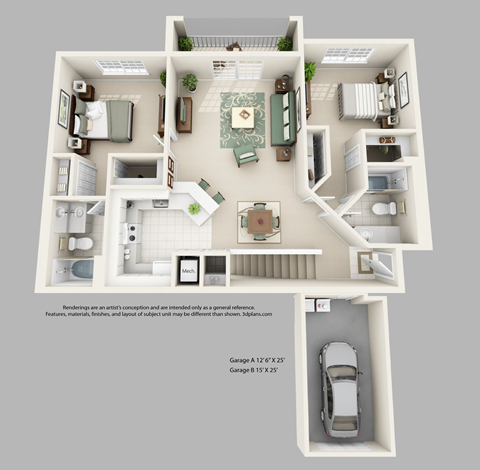 Floor plan for 2 beds, 2 baths, 1161 sqft